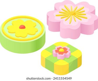 Delicious asian sweetness, concept sweetmeat dessert foodstuff, sweet candy isometric 3d vector illustration, isolated on white. Chocolate delicacy pastry, confectionery caramel dainty eatables.