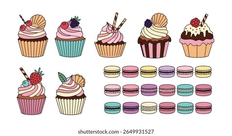 Deliciosa variedade de cupcakes coloridos e macarons para amantes doces