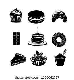 Delicious assortment of desserts featuring cupcakes, macarons, croissants, and more on a stylish display