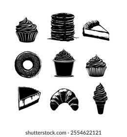 Delicious assortment of desserts featuring cupcakes, donuts, cakes, and ice cream in a minimalistic design