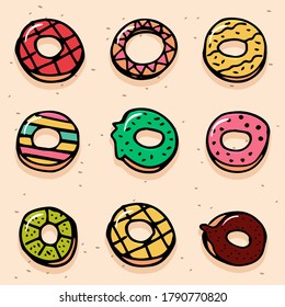 Delicious Assortment of Hand-Drawn Donuts Vector Illustration on Pink Background. Various Flavors with Thin Black Outline, Perfect for Bakery, Dessert, or Sweet Treat Concepts. 360-Degree View!