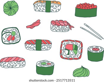 Delicioso surtido de sushi japonés y rollos sobre un fondo blanco. Con ingredientes frescos como salmón, aguacate y pepino, perfecto para los amantes del sushi y los entusiastas de la comida