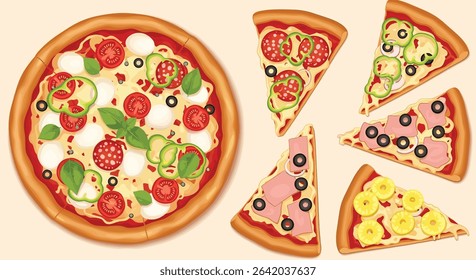 Delicious Assortment of Pizza Slices with Various Toppings Displayed in a Visually Appealing Layout