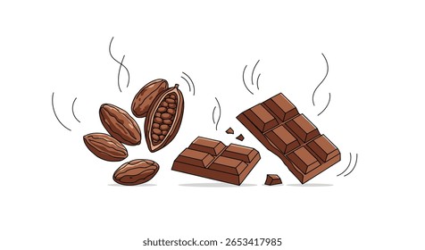 Uma deliciosa variedade de ricas barras de chocolate escuro e pods de cacau fresco simbolizando a doce indulgência