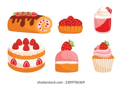 Deliciosa Variedad De Postres De Fresas. Los Dulces Tratamientos Incluyen Pasteles De Lujo, Tartas Cremosas, Sorbete Roll Y Refrescante, Dulces Para Los Amantes De Las Fresas. Ilustración del vector de dibujos animados