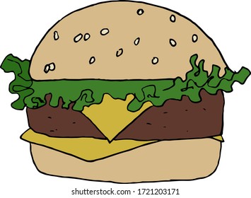 A delicious and attractive burger with refreshing ingredients. Doodle vector illustration. Cute element for greeting cards, posters, stickers. Isolated over white background.