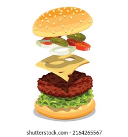 Deliciosa hamburguesa saltadora al estilo de las caricaturas con deliciosos ingredientes frescos. 3d ilustración realista para publicidad o menú.