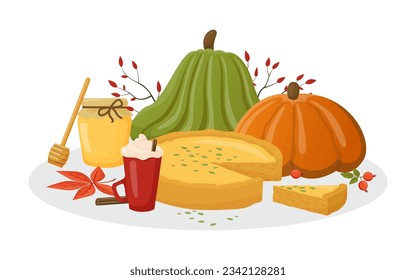 Delicious autumn food and drinks vector illustration. Pumpkins, squash, honey jar, apple pie, hot cocoa or coffee and fall leaves. Autumn food, beverage, harvest, Thanksgiving concept