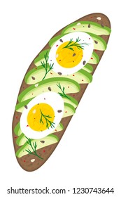 Delicious avocado and hard boiled egg sandwich isolated on white background. Fresh dark rye rustic bread loaf with slices of ripe avocado and egg. Vector hand drawn illustration. 