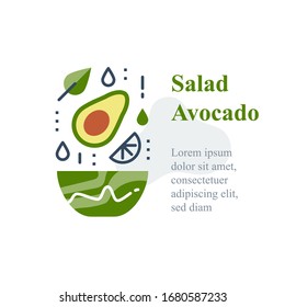 Delicious avocado salad, simple recipe, eat healthy food, full bowl, falling ingredients, nutritious diet, lunch dish, vector line icon
