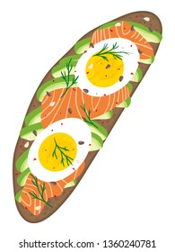 Delicious Avocado, Salmon And Hard Boiled Egg Sandwich Isolated On White Background. Fresh Dark Rye Rustic Bread Loaf With Slices Of Ripe Avocado, Egg And Lox. Vector Hand Drawn Illustration. 