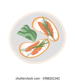 Delicious avocado and salmon sandwich isolated on white background. Fresh dark rye rustic bread loaf with slices of ripe avocado and salmon. Vector hand drawn illustration. . Vector illustration