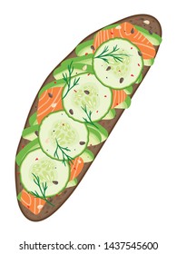 Delicious avocado, salmon and sliced cucumber sandwich isolated on white background. Fresh dark rye rustic bread loaf with slices of ripe avocado, lox and cucumber. Vector hand drawn illustration. 