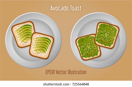 Delicious avocado sandwich toast on white plate - healthy vegetarian breakfast food - baked whole wheat bread with crust - eps10  vector illustration