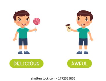 Delicious and awful antonyms word card vector template. Flashcard for english language learning. A joyful boy holds a sweet lollipop, an unhappy boy holds bitter coffee in his hands.