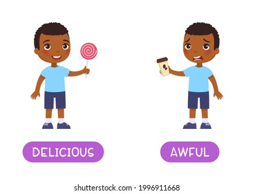 Delicious and awful antonyms word card, opposites concept. Flashcard for English language learning. Joyful African boy holds a sweet lollipop, unhappy dark skin boy holds bitter coffee in his hands