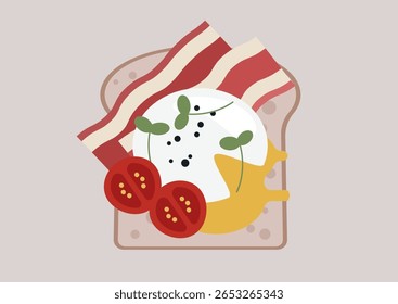 Delicioso bento bacon servido em pão torrado com ingredientes frescos, destacando sabores da manhã em um ambiente acolhedor de cozinha