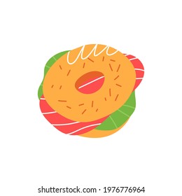 Delicious bagel sandwich with pink salmon and salad. Cute hand-drawn breakfast or lunch to go. Hand-drawn vector isolated illustration.