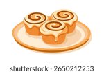 Delicious baked cinnamon rolls with icing, served on a round plate. Cute vector illustration for recipe books, food packaging, cafe menu.