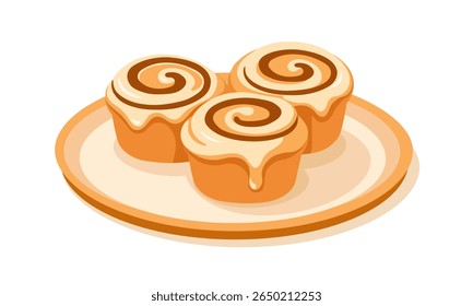Delicious baked cinnamon rolls with icing, served on a round plate. Cute vector illustration for recipe books, food packaging, cafe menu.