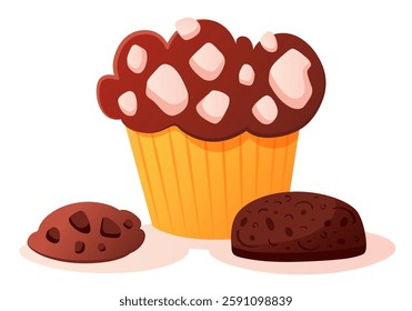 Delicious baked dessert, confectionery or pastry. Fresh cupcake with marshmallow decoration, or white chocolate crumb and chocolate chip cookie with chocolate crumb. Delicious sweet pastry. Vector fla