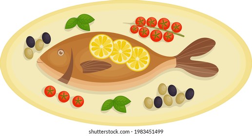 Delicious baked dorado fish, served on an oval plate with cherry tomatoes, olives and lemon, as well as basil leaves. A traditional dish of Mediterranean cuisine. Vector illustratio.