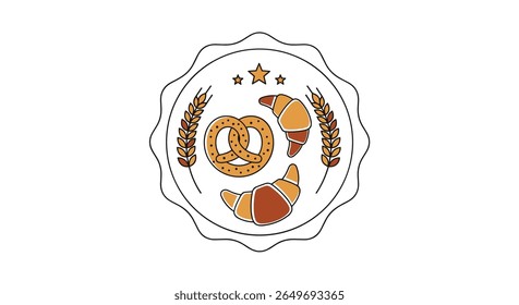 Delicious baked goods collection featuring croissants and a pretzel with wheat stalks and stars a whimsical bakery emblem