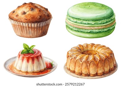 Delicious baked goods, colorful desserts, watercolor illustration, sweet treats, gourmet pastries, vibrant presentation, artistic food styling.