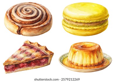 Delicious baked goods, colorful pastries, sweet desserts, watercolor style, food illustration, tempting treats.