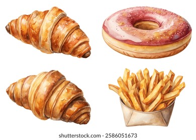 Delicious baked goods, crispy croissants, sweet donut, golden fries, watercolor style, food illustration, culinary art.