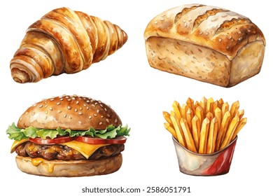 Delicious baked goods, fresh croissant, golden bread loaf, juicy burger, crispy fries, food illustration.