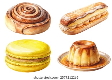 Delicious baked goods, sweet pastries, watercolor illustrations, dessert variety, colorful treats, gourmet desserts.