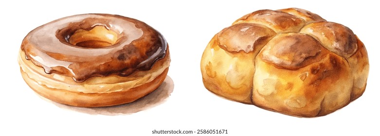 Delicious baked goods, watercolor illustration, chocolate donut, fresh bread rolls, sweet treats, food art.