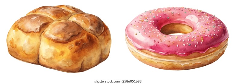 Delicious baked goods, watercolor illustration, soft bread rolls, pink frosted donut, sweet treats, dessert art.