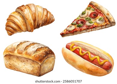 Delicious baked goods, watercolor illustration, croissant, pizza slice, bread loaf, hot dog, food art.