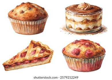 Delicious baked goods, watercolor illustrations, sweet desserts, muffins and pies, vibrant colors, food art, culinary creativity.