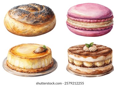 Delicious baked goods, watercolor illustrations, sweet pastries, gourmet desserts, colorful macarons, creamy cheesecake, elegant presentation.