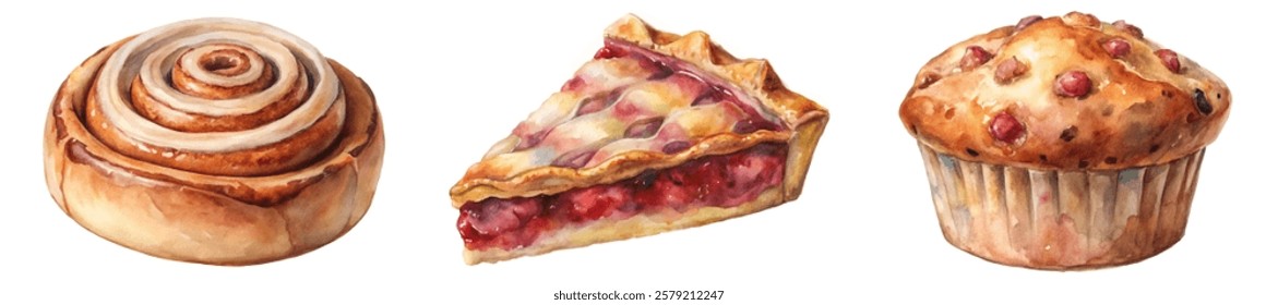 Delicious baked goods, watercolor style, cinnamon roll, fruit pie, muffin illustration, food art, dessert design.