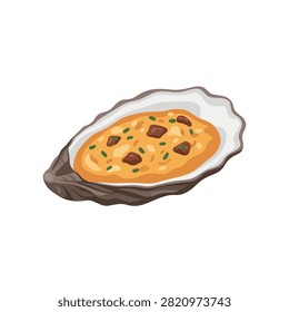 Delicious Baked Oyster on Half Shell with Gourmet Topping and Herbs Illustration Isolated on White