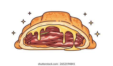 Delicious Baked Pastry Filled With Sliced Cured Meat and Melted Cheese