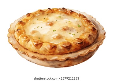 Delicious baked pie, golden crust, savory filling, watercolor illustration, food art, culinary design, rustic charm.