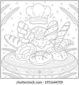 Delicious bakery with chef hat and grain seeds. Learning and education coloring page illustration for adults and children. Outline style, black and white drawing