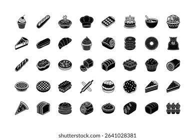 Delicious Bakery and Pastry Icons Set. Cupcakes, Cakes, Donuts, Croissants, Cookies, Bread, Pies, Rolls, Pastries, Pizza, Muffins, Sweets, Baked Goods, Baking Tools, and Desserts Vector Illustration.