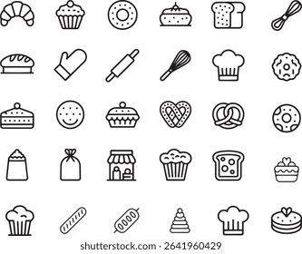 Delicious Bakery And Pastry Line Icons Set. Cakes, Bread, Sweets, Dessert. Editable Stroke. Vector Illustration