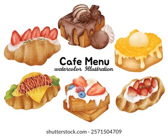 Delicious Bakery Watercolor Illustration Set – Collection of Sweet and Savory Pastries Including Croissants, Hot Dog Bread, Kiwi Tart, Mango Danish, Chocolate Pastry, and Fruit Desserts for Digital De