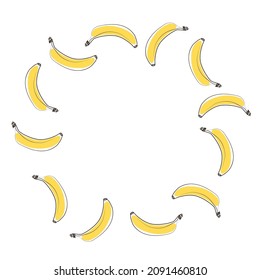 Delicioso plátano, recogido en una composición en círculo sobre un fondo blanco. Marco redondo de frutas exóticas y de jardín. Concepto de nutrición natural saludable. Tarjeta de felicitación vectorial para su diseño