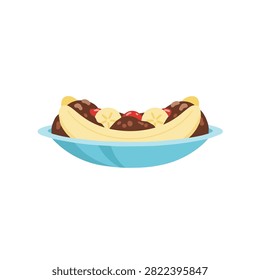 Delicious Banana Split Dessert with Chocolate Ice Cream and Cherries on a Blue Plate Illustration