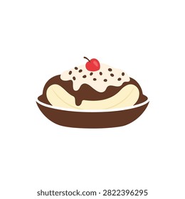 Delicious Banana Split Dessert with Chocolate Sauce Whipped Cream and Red Cherry Flat Illustration
