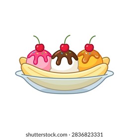 A delicious banana split featuring three scoops of ice cream topped with syrup and cherries served in a glass dish