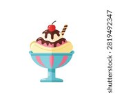 Delicious banana split ice cream sundae with chocolate syrup and cherry on top vector illustration